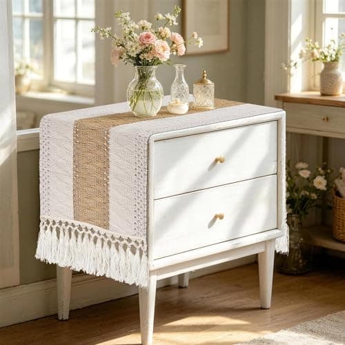 yuboo Boho Coffee Table Runner 48 Inch, Spring Farmhouse Burlap Dresser Runner Scarf, Rustic Macrame Runner for Round Table, TV Stand, Entryway Console, Neutral Easter Decor - Thumbnail 2