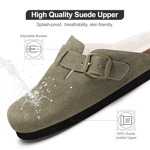 Fuzzy Suede Clogs for Women Fur Lined Leather Mules Soft Non Slip Potato Shoes with Arch Support Green - Thumbnail 3