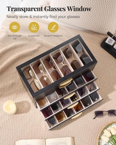Lolalet 30 Slots Sunglasses Organizer Case for Women, 5-Layer Eyeglass Storage Holder Display Box with Clear Top Lid, Mothers Day Gifts -Black - Thumbnail 3