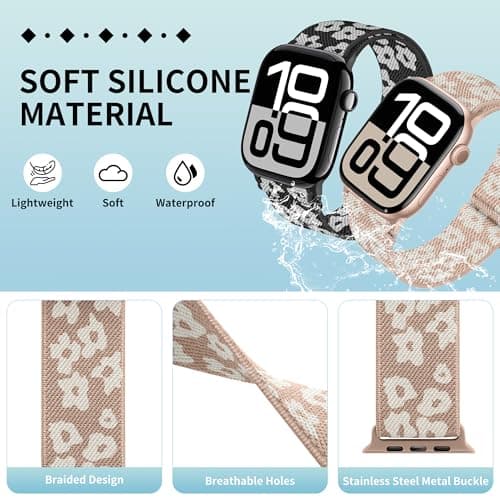 XSMDAJDTXZ 2 Pack Stretchy Solo Loop Compatible with Apple Watch Band 40mm 41mm 44mm 45mm 46mm 49mm 38mm 42mm Women Men, Sport Nylon Elastic Straps Braided Wristbands for iphone Watch Series 11 10 9 8 7 6 5 4 3 Ultra SE (black yun/rose yun, 38mm/40mm/41mm/42mm(Series 10)) - Thumbnail 3
