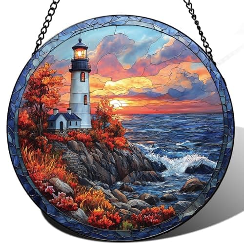Zizzie Coastal Lighthouse in Autumn Suncatcher -7.9 in Stained Glass Window Hanging Sun Catcher Garden Decor
