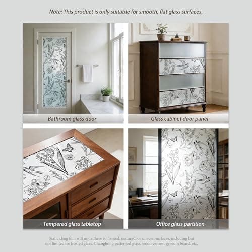 TAVIACHY Black White Floral Bird Static Cling Privacy Window Film, Frosted Decorative Glass Sticker, No Glue Removable UV Protection with Tool Kit for Bathroom Bedroom Door Glass 23.6" x 78.7" - Thumbnail 3