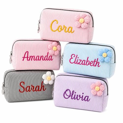 KEQHAULI Personalized Seersucker Makeup Bag – Custom Embroidered Name Cosmetic Bag, Monogram Toiletry Pouch for Women, Bridesmaid Bridal Proposal Gift, Travel Organizer for Mom, Best Friend