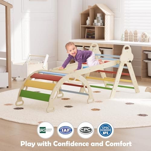 doowroodni Pikler Triangle Set 7in1 Toddler Climbing Toys Indoor Foldable Baby Climbing Toys Wooden Montessori Climbing Set with Arch, Ramp, Ladder for 1-3 Years, Jungle Gym for Kids - Thumbnail 6