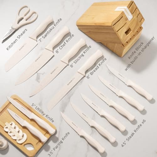 Astercook Knife Set, 15 Pieces Kitchen Knife Set with Sharpener Block, German Stainless Steel Knives Set with Anti-Rust Coating, Dishwasher Safe Elegant Cream White Knife Block Sets, Valentine's Gift - Thumbnail 3