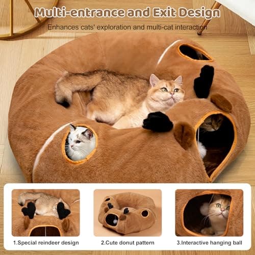 Cat Tunnel Bed with 20 Pcs Interactive Toys, 3-in-1 DIY Collapsible Plush Cat Tube with Washable Mat, Large Indoor Play Tunnel Cave for Kittens and Small Animals - Thumbnail 3