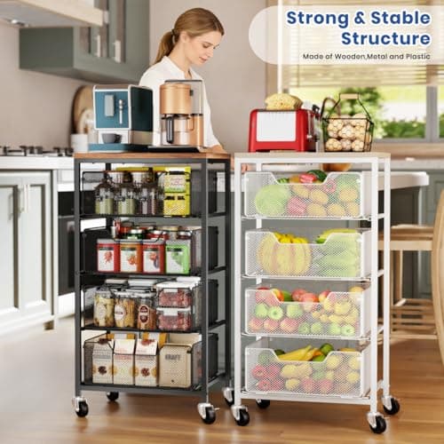 Goovilla Kitchen Cart with Drawers, 4 Tier Metal Rolling Utility Cart Organizer on Lockable Wheels with Wooden Top, Black Fruit Vegetable Storage Rack Also for Cans, Snack, Craft, Art, Office, Beauty - Thumbnail 2