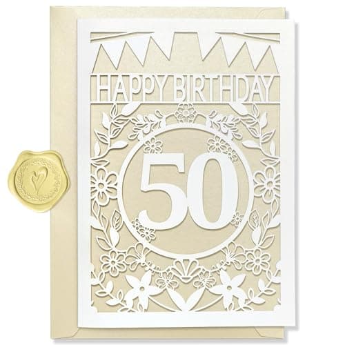 Happy Birthday Card - Laser Cut Paper Greeting Card for 50th Birthday Age, Beautiful & Unique Gift Keepsake for Women, Perfect for Friend Granddaughter Daughter Sister Family, with Envelope, Champagne