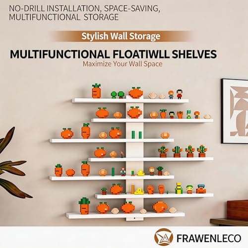 FRAWENLECO No Drill Floating Shelf for Wall, 7-Tier Wall Mounted Organizer, Damage-Free Display Shelf for Collectibles, Figures, Bathroom Kitchen Storage, White - Thumbnail 3