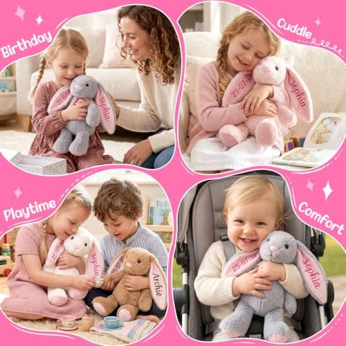 MYPHNEX Personalized Bunny Stuffed Animal, Custom Bunny Plush with Embroidered Name, Toys for 1 2 3 Year Old Baby Girls Boys, Customized Christmas Birthday Gifts for Infant Toddler Newborn (Bunny) - Thumbnail 3