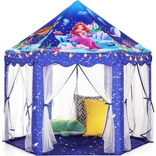 Monobeach Mermaid Princess Tent Girls Blue Large Playhouse Kids Castle Play Tent with Star Lights Gift Toy for Children Indoor and Outdoor Games - Image 1