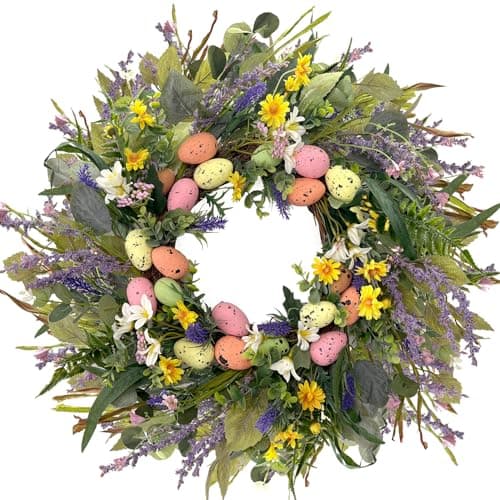 HipTree 24 Inch Farmhouse Easter Wreath for Front Door, Artificial Pastel Spring Wreaths with Easter Eggs,Lavender&Wildflowers,Handcrafted Wreath for Entryway Mantel Window Indoor Outdoor Decorations