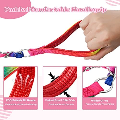 LUFFWELL Heavy Duty Metal Dog Chain Leash with Comfortable PU Leather Padded Handle, Chew Proof for Medium Large Pooch Walking Training (6FT 3.5mm Colorful) - Thumbnail 3