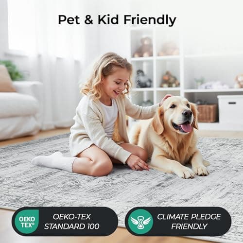 Carpelux 5x7 Washable Area Rugs for Living Room, Soft Faux Wool Carpets for Bedroom Dining Room, Neutral Vintage Distressed Non Slip Stain Resistant Grey White Rug for Home Office Decor - Thumbnail 5