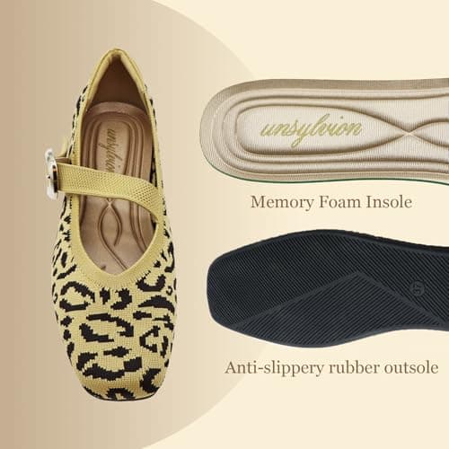 unsylvion Flats for Women Square Toe Ballet Flats with Ankle Strap Stylish Mary Jane Shoes Comfortable Casual Footwear Perfect for Everyday Wear Leopard - Thumbnail 5