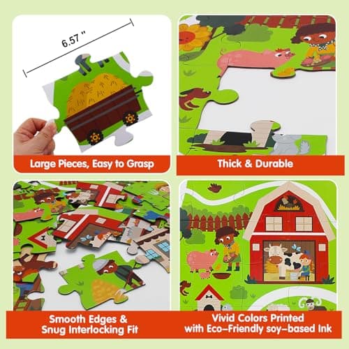 Beeqoo Farm Animals Jumbo Floor Puzzle for Toddles 2-4, Giant Adventure Track Jigsaw Puzzles for Kids Ages 3-5 (48 Piece 35.4x23.4 Inch Thick Cardboard), Educational Toys for Preschooler 4-6 Year Old - Thumbnail 4