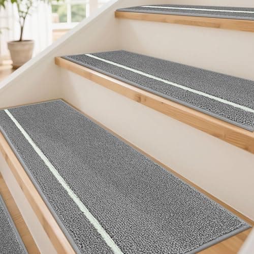 JSEI Stair Treads for Wooden Steps Indoor with Glow in The Dark Stripe, 4 Pack 9" X 28" Non-Slip Washable Carpet Stair Mats with TPE Backing, Polyester Stair Rugs for Kids Elders & Pets, Light Grey - Image 1