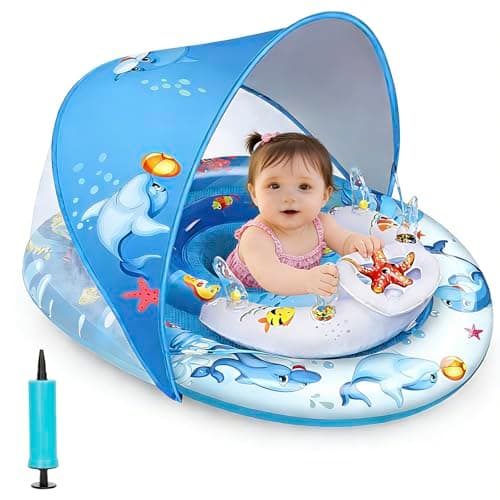 Baby Pool Float with Canopy,120° Adjustable UPF50+ Protection,Anti-Tip Safety Seat,Inflatable Toddler Floaties Infant Swim Ring,Thick PVC Pool Float with Animal Pool Toys,Beach Essentials for 3-36M - Image 1