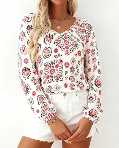 Zenlonr Womens Fall Tops Dressy Casual 2025 V Neck Satin Silk Printed Shirts Boho Long Sleeve Work Blouses(White Red Flower,Small) - Thumbnail 4