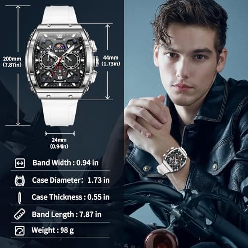 OLEVS Mens Dress Watch 3ATM Waterproof 20cm White Silicone Strap with Black Face Watch for Men Classic Quartz Chronograph SquareTonneau Fashion Men Wrist Watches 98g Lightweigh Ideal Present for Men - Thumbnail 3