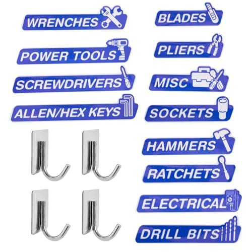 Magnetic Tool Box Labels and Hooks Set, 12 PCS Toolbox Magnetic Labels + 4PCS Self Adhesive Metal Hooks, Reusable Tool Box Accessories Organize for Steel Carts, Drawers, and Cabinets(Blue) - Image 1