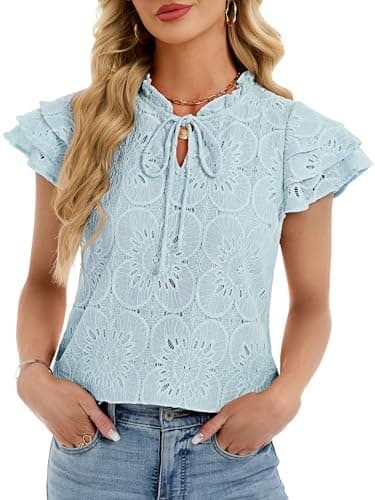 Funlingo Womens Dressy Casual Blouses Summer Cap Sleeve Eyelet Lace Tops Ruffle Collar Hollow Out Embroidered Shirts Fashion Clothes Light Blue 2XL - Image 1