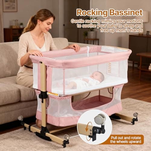 Baby Bassinet Bedside Sleeper, 3-in-1 Bedside Bassinet, 5 Height Adjustable Rocking Baby Crib, Breathable Full Mesh, Mosquito Net, Storage Basket, Stable and Secure Bassinets for Newborn (Pink) - Thumbnail 5