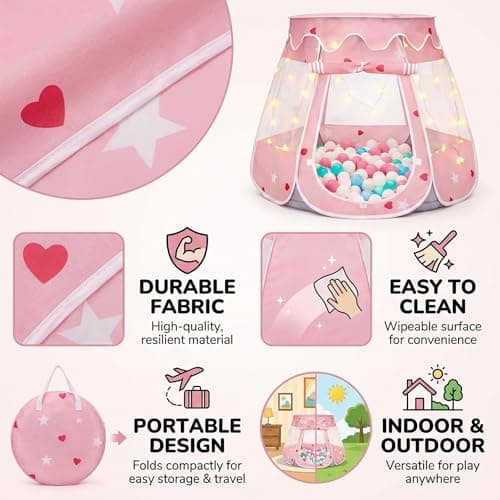 Pop Up Princess Tent with Star Lights for 1 2 3 Year Old Girl Birthday Gifts, Ball Pit for 12-18 Months Baby Girl Toys, Toddler Gifts with Carrying Bag, Indoor&Outdoor Play Tent for Kids (Pink Gray) - Thumbnail 2