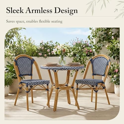 PURPLE LEAF Outdoor Dining Chair Set of 2 Patio French Aluminium Frame in Bamboo Finish with Navy Blue & White Woven Rattan for Kitchen Deck Bistros Cafe Restaurant - Thumbnail 6