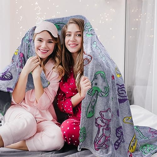 Gdindff Glow in The Dark Mushroom Blanket Easter, Mushroom Gifts for Women Girls, Easter Basket Stuffers for Kids Teens, Cute Cottagecore Mushrooms Room Decor, Soft Cozy Fleece Throw 50"x60" - Thumbnail 3