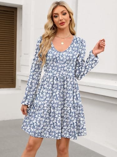 ANRABESS Womens Long Sleeve Dress 2026 Fall Casual V Neck Tiered Flowy Short Dresses Beach Travel Vacation Clothes Floral Blue X-Large - Thumbnail 3