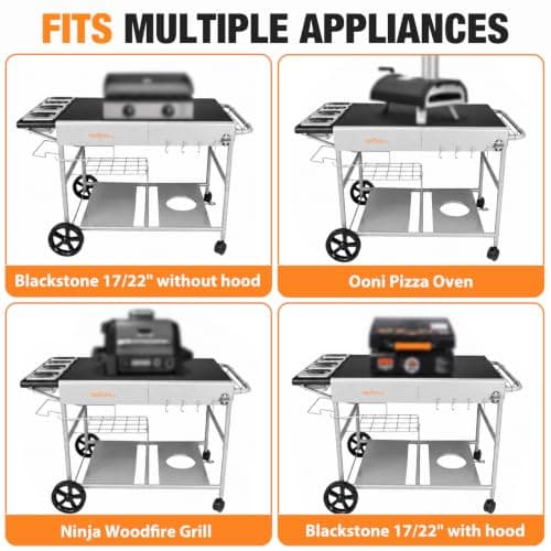 BBQMall Pizza Oven Table Grill Cart with Topping Station, Grill Table Stand with Wheels for Ninja, Blackstone Griddle, Ooni, Gozney, Cuisinart, Heavy Duty BBQ Prep Cart with Storage Shelf and Hooks - Thumbnail 2