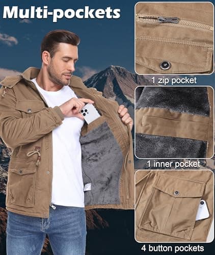 Zoofly Thermal Jackets for Men Cotton with Liner Snowboard Coats Warm wither Jackets Mens Windproof Khaki 3XL - Thumbnail 6