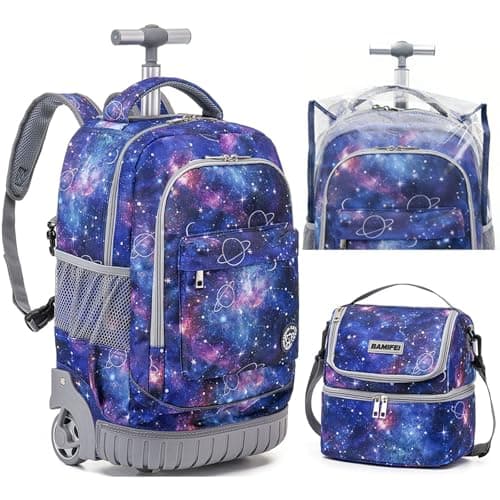 BAMIFEI 18 Inch Purple Galaxy Rolling Backpack for Girls, Galaxy Backpacks Girls Backpack with Wheels School Backpack Spacious Multiple Compartments Quiet Wheels Travel Backpack for Kids - Image 1