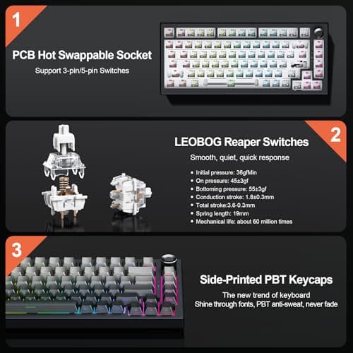Gurjot Wireless Mechanical Keyboard, 75% Hot Swappable Custom Keyboard with Knob,PBT Keycaps,BT5.0/2.4GHz/USB-C,RGB Backlit, Mechanical Gaming Keyboards for PC/Tablet/PS/Xbox - Thumbnail 5