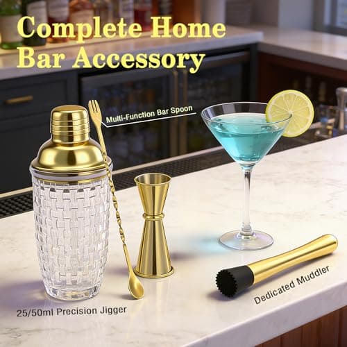 Farafox Cocktail Shaker Set - Gold Drink Shaker Bottle with Muddler Professional Martini Shaker Glass, Home Bartender Kit 13.5 Oz Drink Mixer with Measuring Jigger and Built-In Strainer - Thumbnail 3