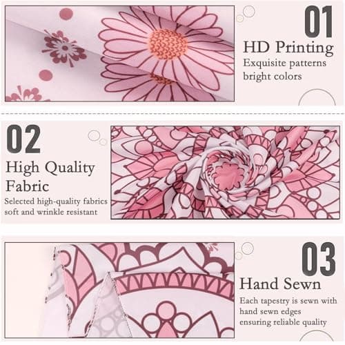 Atrippy Boho Pink Mandala Wall Tapestry for Bedroom, White and Pink Aesthetic Tapestry Room Decor for Teen Girls, Art Floral Wall Hanging for College Dorm (51''x60'') - Thumbnail 6