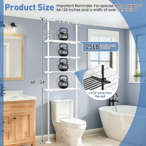 SUNALLY Over The Toilet Storage Shelf, 4-Tier Adjustable Over Toilet Bathroom Organizer,Tension-Mounted Bathroom Storage Rack for Ceilings, No Drill Space-Saving Shelving for Small Rooms,White - Thumbnail 2