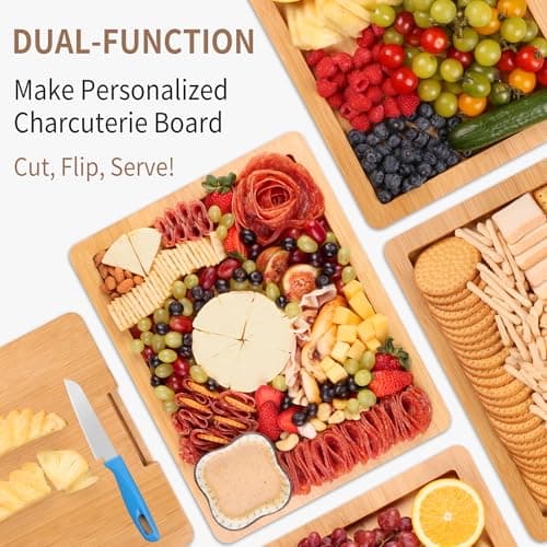 CAWIU Charcuterie Board with Lid and Handle - Portable Travel Design Bamboo Cheese Board Set with 4 Cheese Tools, Gift for Housewarming, Weddings, Picnics(1 Compartment, Black) - Thumbnail 4
