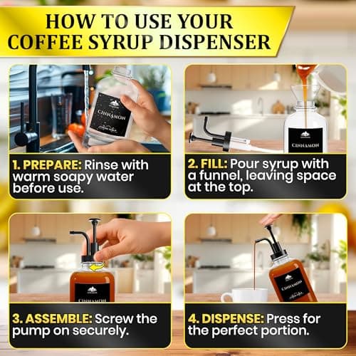 Set of 4 Glass Coffee Syrup Dispenser with Pump 16.9oz 500 ml – 18 Marked Labels – Leak-Proof Glass Syrup Bottles for Coffee Bar, Espresso Station & Barista Setups | Parties & Event Ready (Black) - Thumbnail 5