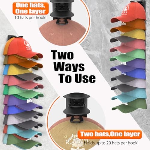 HeQe Hat Organizer for Baseball Caps Hold Up to 40 Hats, 2 Pack Hat Rack for Wall, Strong Adhesive Hat Storage Display Holder for Closet Door and Wall (Black) - Thumbnail 3