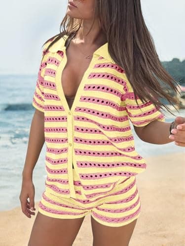 Saodimallsu Womens Crochet Swimsuit Coverup Summer 2 Piece Outfits Striped Knit Short Sleeve Button Shirts Shorts Sets Pink - Thumbnail 3