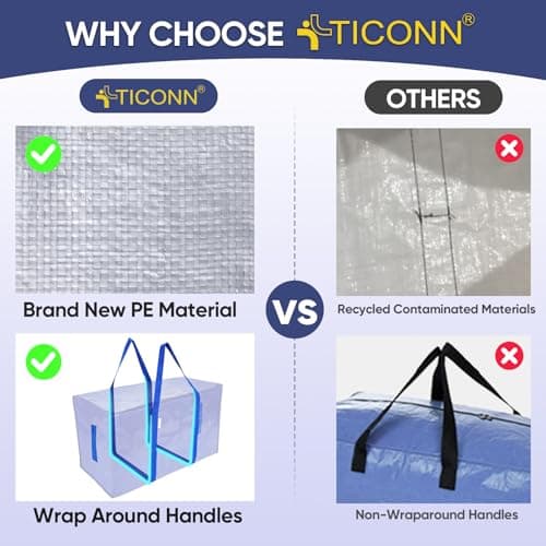 TICONN 12 Pack Extra Large Moving Bags Heavy Duty with Zippers & Carrying Handles, Durable Storage Bags Moving Boxes for Closet Organizers and Storage (12 Pack, Blue) - Thumbnail 6