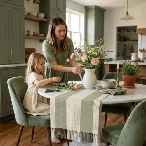 yuboo Sage Green Table Runner 72 Inches, Cotton Linen Farmhouse Dresser Runners for Bedroom, Rustic Woven Boho Coffee Table Decor with Tassels for Dining Room, Kitchen, Spring Holiday Party - Thumbnail 3