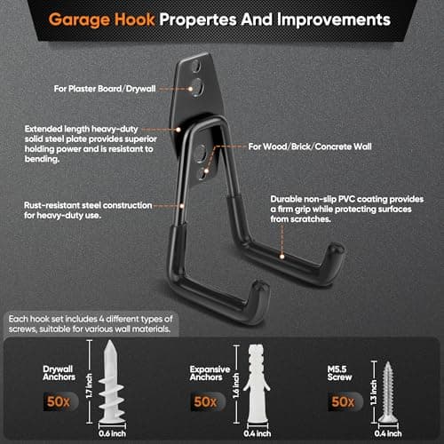 Nacial 26 Pack Garage Hooks Heavy Duty, Utility Steel Garage Storage Hooks with 2 Extension Cord Storage Straps, Utility Garage Wall Mount Hooks for Hanging Bike, Ladder and Garden Tools, Black - Thumbnail 3