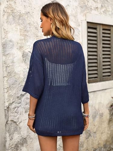 BB&KK Summer Cardigans for Women 3/4 Sleeve Knit Boho Kimono Lightweight Crochet Cardigans with Pockets Navy Blue XXL - Thumbnail 6