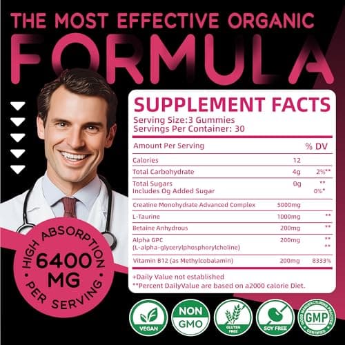 Creatine Monohydrate Gummies Complex 6400mg for Men & Women -Advanced Formula W/L-Taurine + Vitamin B12, Sugar Free Chewable Supplement,90 Raspberry Gummies - Thumbnail 4