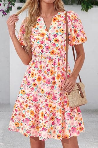 dowerme Women Summer Casual Dresses 2026 Puff Short Sleeve V Neck Floral Boho Midi Dress Flowy Ruffle Spring Sundress(Pink Flowers,Large) - Thumbnail 3