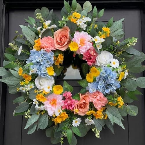 26" Artificial Spring Wreath for Front Door - Large Silk Hydrangea Daisy Rose Mixed Floral Wreath - Farmhouse Porch Wall Decor, Easter Mother's Day Decoration (Multicolor) - Image 1