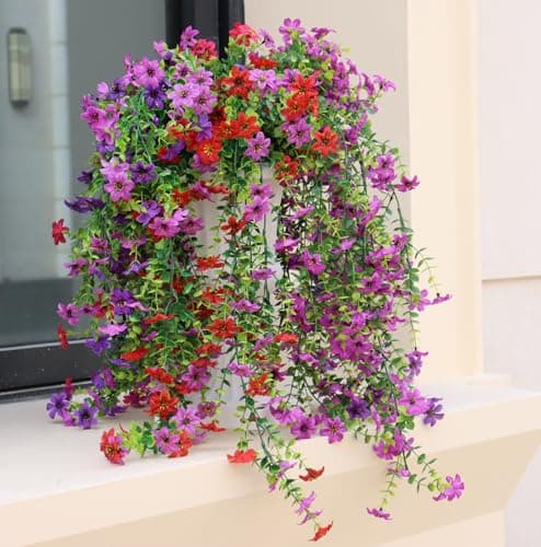 Artificial Hanging Flowers for Outdoors, 4 Pack Fake Hanging Plant for Spring Summer Decor, UV Resistant Faux Silk Flower for Planter Porch Patio Balcony Yard Decoration ( Light Purple & Rose Red) - Thumbnail 6